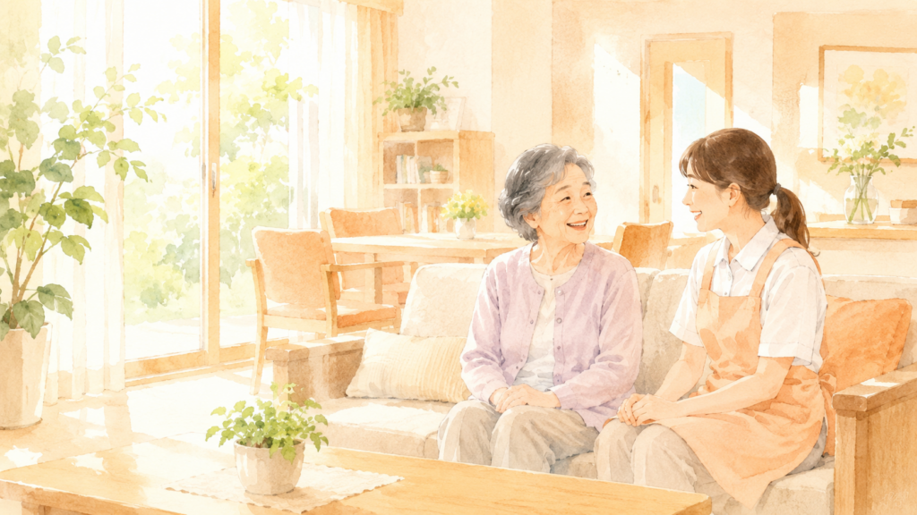 介護スタッフと入居者が笑顔で語らう、あたたかな暮らしのイラスト