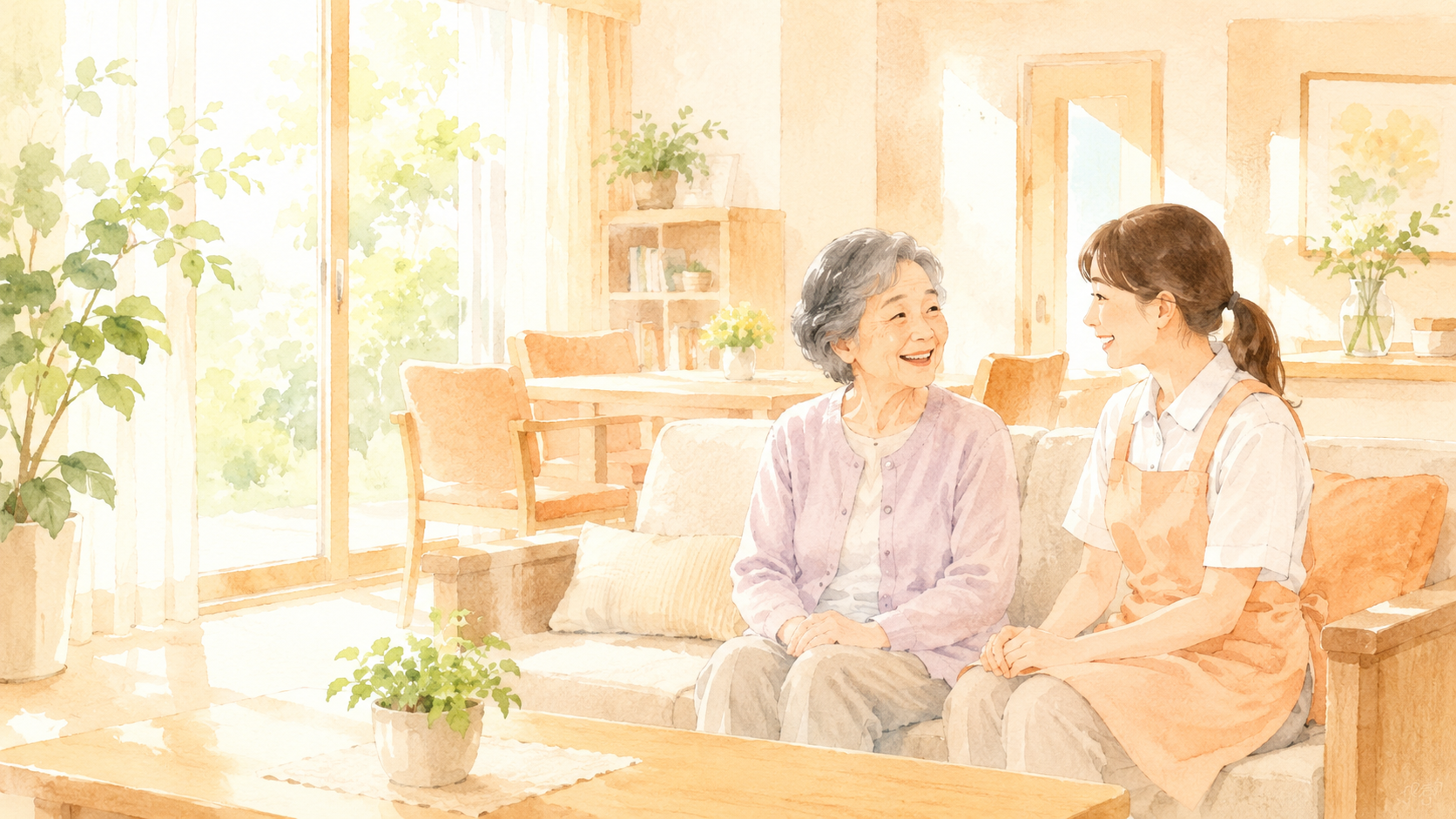 ひだまりのスタッフと入居者様が笑顔で語らう様子