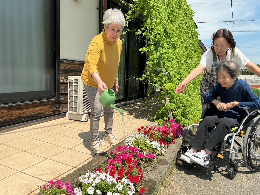 ひだまりの園芸委員会で、入居者様がじょうろで花壇に水やりをしている様子